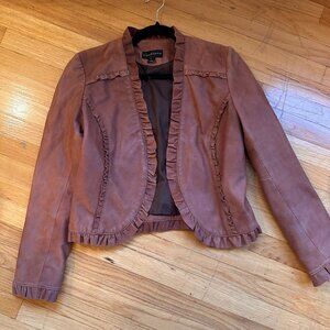 Tan Leather Jacket with Ruffle Trim